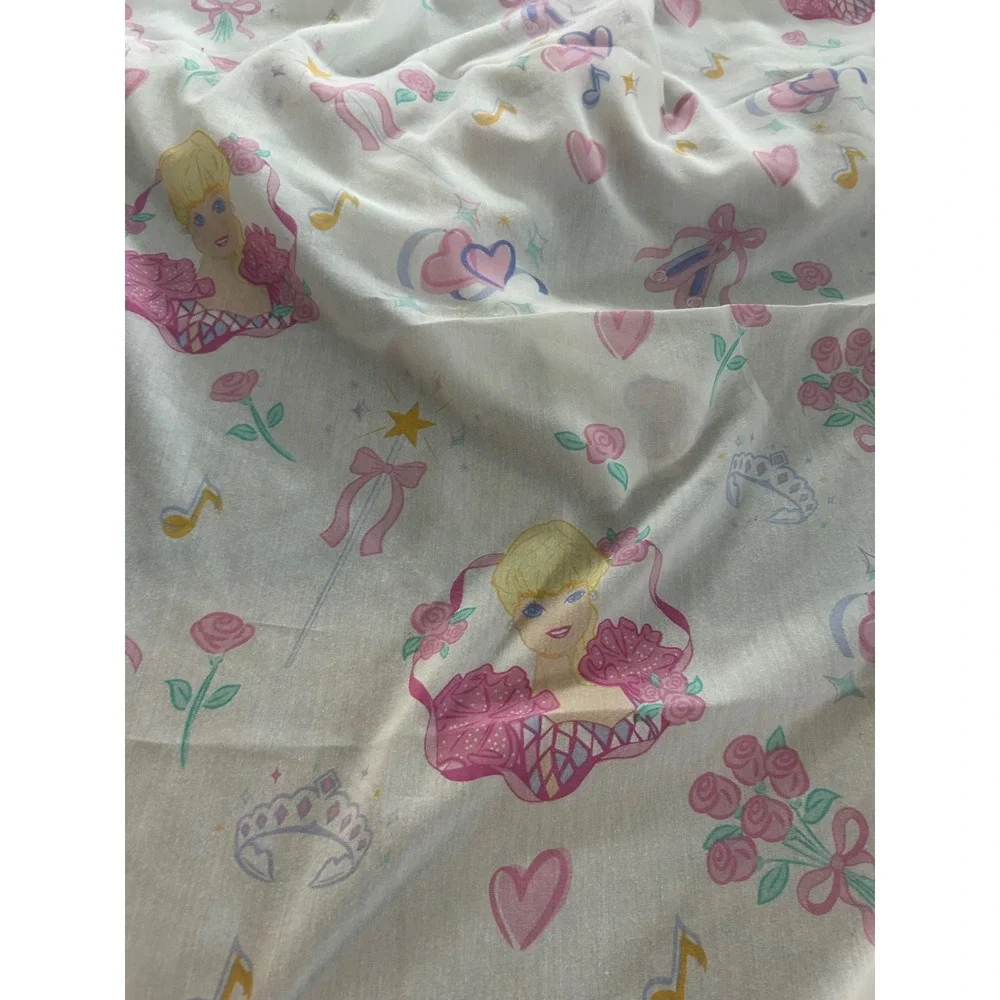 Vintage Barbie Twin Flat Sheet The Bibb Company 90s Pink Floral Hearts USA Made
